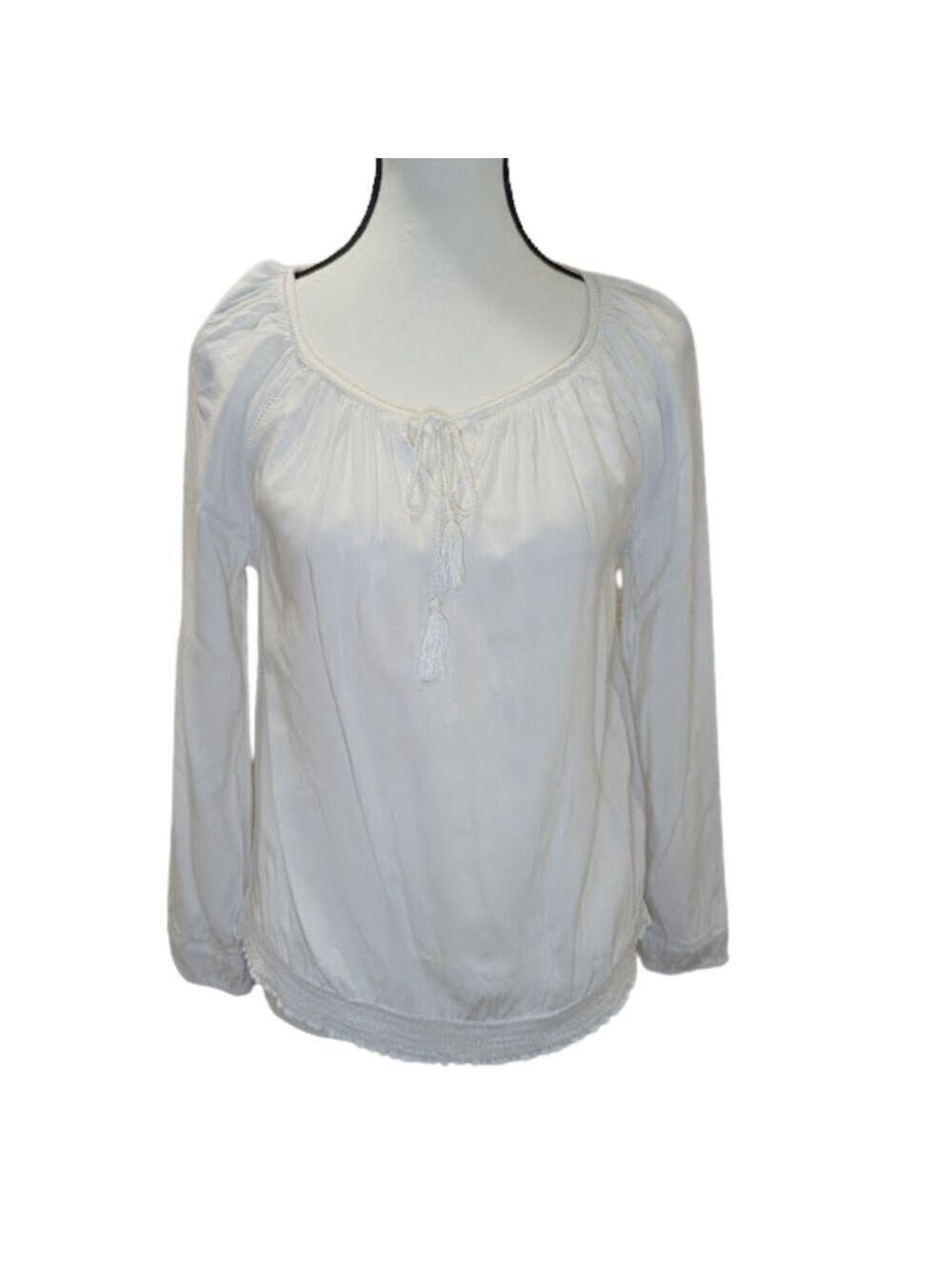 Lucky Brand White Peasant Blouse Boho Coastal Romantic Tassel Tie Top S
